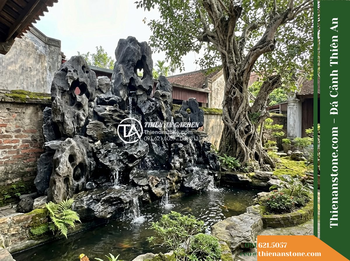 Đá Mộc Phong Đen (Size đại 60–100cm) | Chuyên thi công vách thác nước cổ kính.