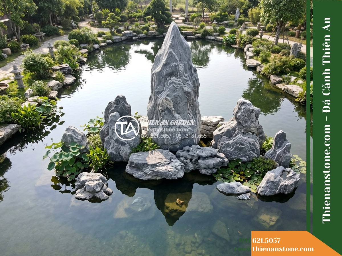 Đá Ngũ Vân Sơn (Đá chủ 200–350cm / ~4–12 tấn) | Chuyên dựng ngọn chủ chóp nhọn, vươn cao tụ khí phong thủy cho tác phẩm.