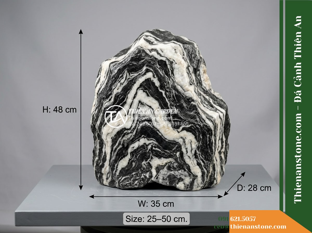Đá Ngũ Vân Sơn (Size vừa 25–50cm) | Chuyên dựng hòn non bộ vừa. - Hình 17 Đá Ngũ Vân Sơn (Size vừa 25–50cm) | Chuyên dựng hòn non bộ vừa. - Studio inspection view of an individual stone block with detailed measurement an