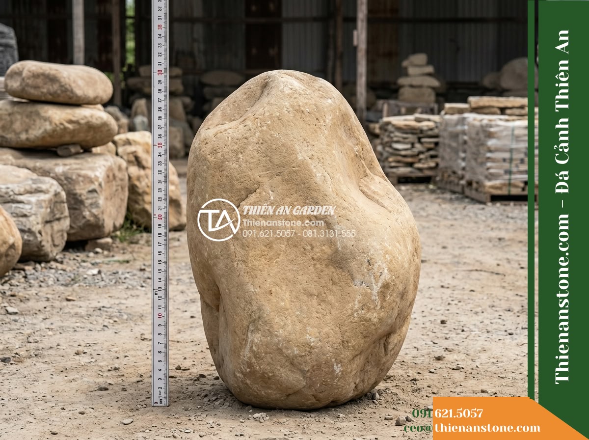 Đá Niên Thủy (Cuội đại 80–150cm / ~0.5–2 tấn) | Chuyên làm gò đất thấp, bãi đá ngầm chặn dòng dưới chân thác non bộ. - Hình 17 Đá Niên Thủy (Cuội đại 80–150cm / ~0.5–2 tấn) | Chuyên làm gò đất thấp, bãi đá ngầm chặn dòng dưới chân thác non bộ. - Product documentation angle showing precise dimensional reference markers and na