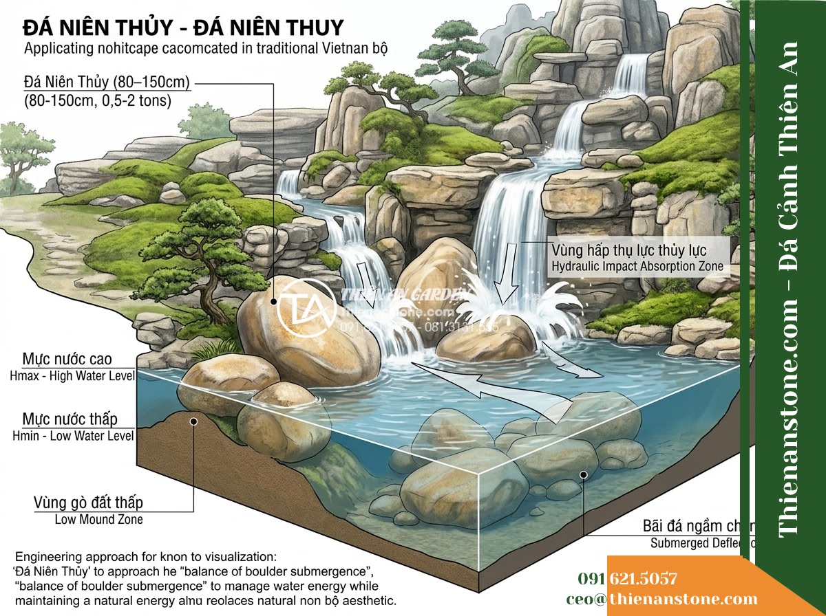 Đá Niên Thủy (Cuội đại 80–150cm / ~0.5–2 tấn) | Chuyên làm gò đất thấp, bãi đá ngầm chặn dòng dưới chân thác non bộ. - Hình 18 Đá Niên Thủy (Cuội đại 80–150cm / ~0.5–2 tấn) | Chuyên làm gò đất thấp, bãi đá ngầm chặn dòng dưới chân thác non bộ. - Architectural landscape visualization emphasizing water depth levels, boulder su