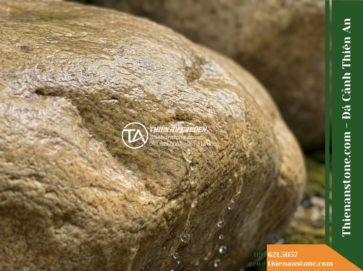 Đá Niên Thủy (Cuội đại 80–150cm / ~0.5–2 tấn) | Chuyên làm gò đất thấp, bãi đá ngầm chặn dòng dưới chân thác non bộ. - Hình 3 Đá Niên Thủy (Cuội đại 80–150cm / ~0.5–2 tấn) | Chuyên làm gò đất thấp, bãi đá ngầm chặn dòng dưới chân thác non bộ. - Close-up macro shot of the natural weathered texture of a massive rounded river