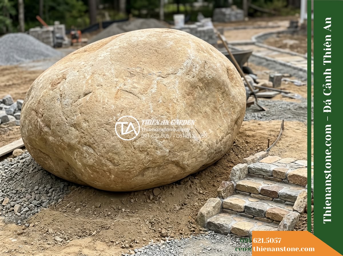 Đá Niên Thủy (Cuội đại 80–150cm / ~0.5–2 tấn) | Chuyên làm gò đất thấp, bãi đá ngầm chặn dòng dưới chân thác non bộ. - Hình 5 Đá Niên Thủy (Cuội đại 80–150cm / ~0.5–2 tấn) | Chuyên làm gò đất thấp, bãi đá ngầm chặn dòng dưới chân thác non bộ. - Wide view showing a massive boulder in a landscape construction zone with nearby