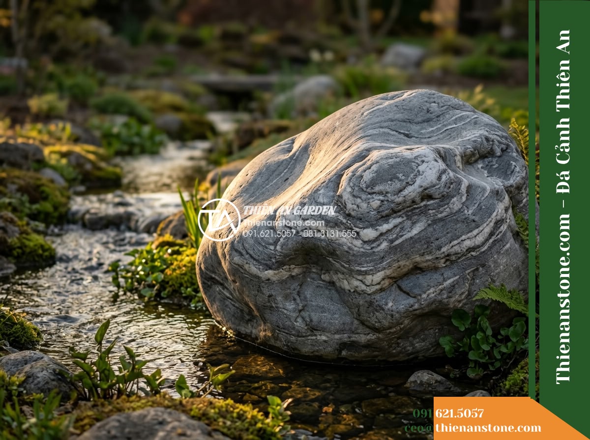 Đá Niên Thủy (Cuội lớn 40–70cm) | Chuyên bo bờ suối, tạo viền cảnh quan. - Hình 13 Đá Niên Thủy (Cuội lớn 40–70cm) | Chuyên bo bờ suối, tạo viền cảnh quan. - A scenic landscape photo taken during golden hour, with low-angled warm sunlight