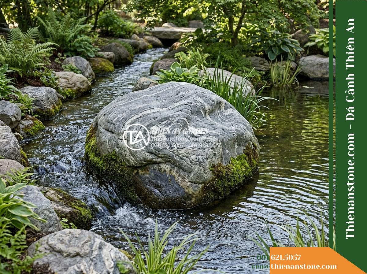 Đá Niên Thủy (Cuội lớn 40–70cm) | Chuyên bo bờ suối, tạo viền cảnh quan. - Hình 7 Đá Niên Thủy (Cuội lớn 40–70cm) | Chuyên bo bờ suối, tạo viền cảnh quan. - A detailed landscape composition focusing on a critical bend in a garden stream.