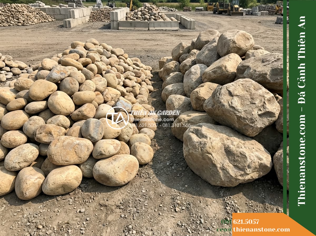 Đá Niên Thủy (Cuội trung 30–70cm / ~50–250kg) | Chuyên ghép lòng suối đại cảnh, tạo bậc thang để nước chảy róc rách rẽ nếp. - Hình 11 Đá Niên Thủy (Cuội trung 30–70cm / ~50–250kg) | Chuyên ghép lòng suối đại cảnh, tạo bậc thang để nước chảy róc rách rẽ nếp. - Direct stockyard perspective comparing distinct piles of medium stream-channel r