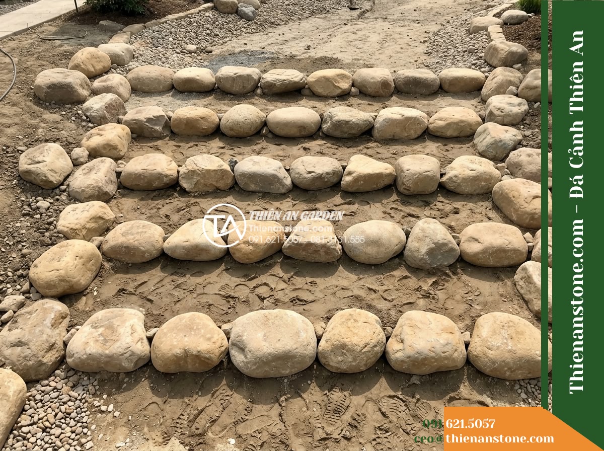 Đá Niên Thủy (Cuội trung 30–70cm / ~50–250kg) | Chuyên ghép lòng suối đại cảnh, tạo bậc thang để nước chảy róc rách rẽ nếp. - Hình 6 Đá Niên Thủy (Cuội trung 30–70cm / ~50–250kg) | Chuyên ghép lòng suối đại cảnh, tạo bậc thang để nước chảy róc rách rẽ nếp. - High-angle view of a stepped boulder threshold in a dry artificial creek channel