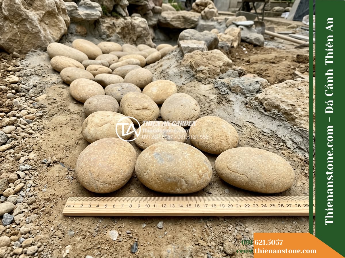 Đá Niên Thủy (Sỏi lớn 8–15cm) | Chuyên rải dọc theo khe suối cạn từ đỉnh non bộ chảy xuống. - Hình 5 Đá Niên Thủy (Sỏi lớn 8–15cm) | Chuyên rải dọc theo khe suối cạn từ đỉnh non bộ chảy xuống. - Overhead technical landscape shot of a dry streambed construction section, showi