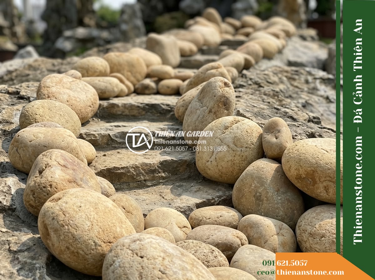 Đá Niên Thủy (Sỏi lớn 8–15cm) | Chuyên rải dọc theo khe suối cạn từ đỉnh non bộ chảy xuống. - Hình 7 Đá Niên Thủy (Sỏi lớn 8–15cm) | Chuyên rải dọc theo khe suối cạn từ đỉnh non bộ chảy xuống. - Low-angle dramatic shot focusing on a stepped bend of a dry riverbed on a stone