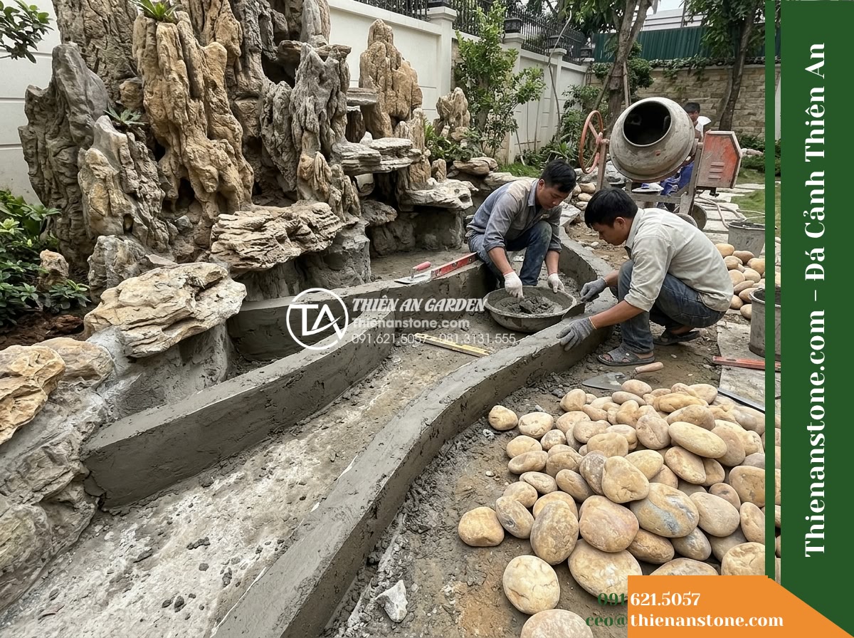 Đá Niên Thủy (Sỏi lớn 8–15cm) | Chuyên rải dọc theo khe suối cạn từ đỉnh non bộ chảy xuống. - Hình 9 Đá Niên Thủy (Sỏi lớn 8–15cm) | Chuyên rải dọc theo khe suối cạn từ đỉnh non bộ chảy xuống. - Construction progress shot of a dry landscape rockery showing artisan workers pr