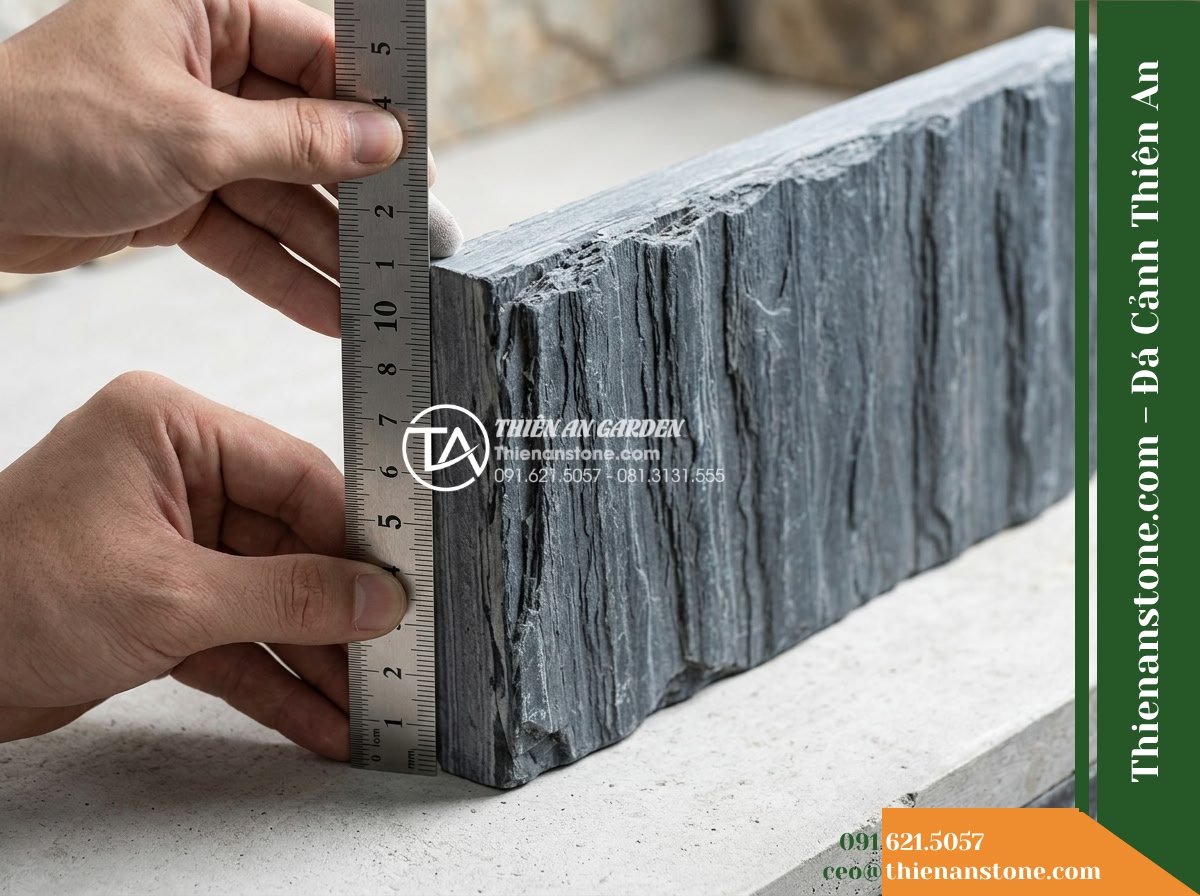 Đá Ông Phú (Tấm 20x40cm) | Chuyên ốp vách tường hồ, làm mảng tường trang trí cảnh quan. - Hình 17 Đá Ông Phú (Tấm 20x40cm) | Chuyên ốp vách tường hồ, làm mảng tường trang trí cảnh quan. - Detailed inspection shot of a sample 20x40cm stone panel being checked with a st