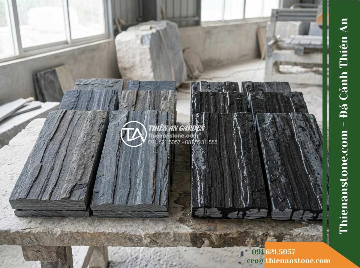 Đá Ông Phú (Tấm 20x40cm) | Chuyên ốp vách tường hồ, làm mảng tường trang trí cảnh quan. - Hình 18 Đá Ông Phú (Tấm 20x40cm) | Chuyên ốp vách tường hồ, làm mảng tường trang trí cảnh quan. - A visual portfolio showcase image displaying realistic dry and wet sample stone