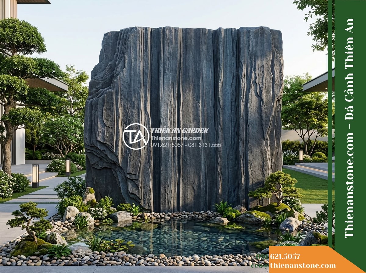 Đá Ông Phú (Tấm đại 100x200cm / ~0.5–1 tấn) | Chuyên dựng phông nền (sơn tiêu) phía sau, tạo vách núi thẳng đứng liền khối.