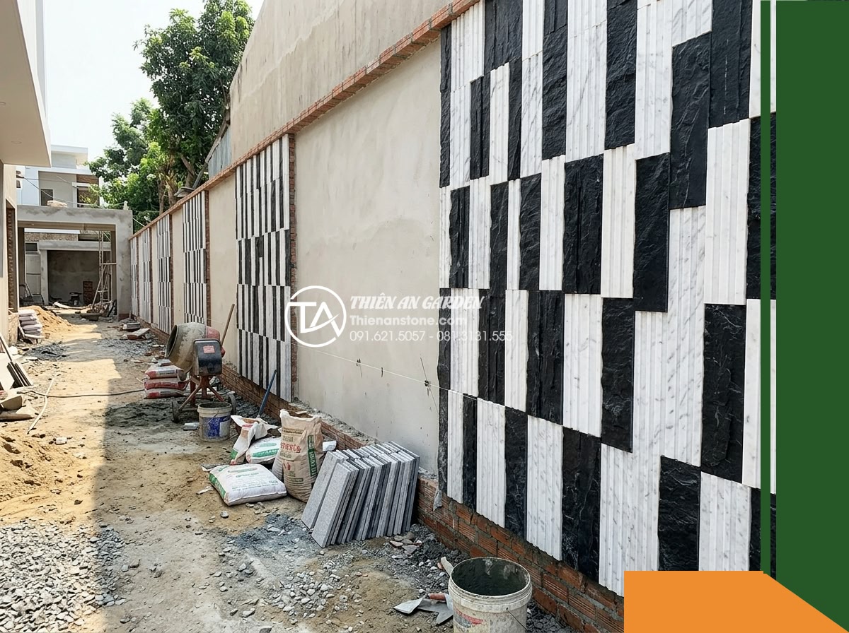 Đá răng lược 2 màu (Trắng – Đen) | Marble Trắng & Slate Đen | 10×50 cm