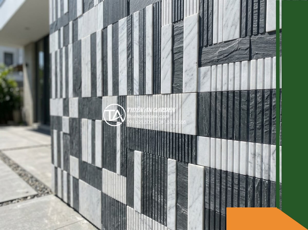 Đá răng lược 2 màu (Trắng – Đen) | Marble Trắng & Slate Đen | 10×50 cm