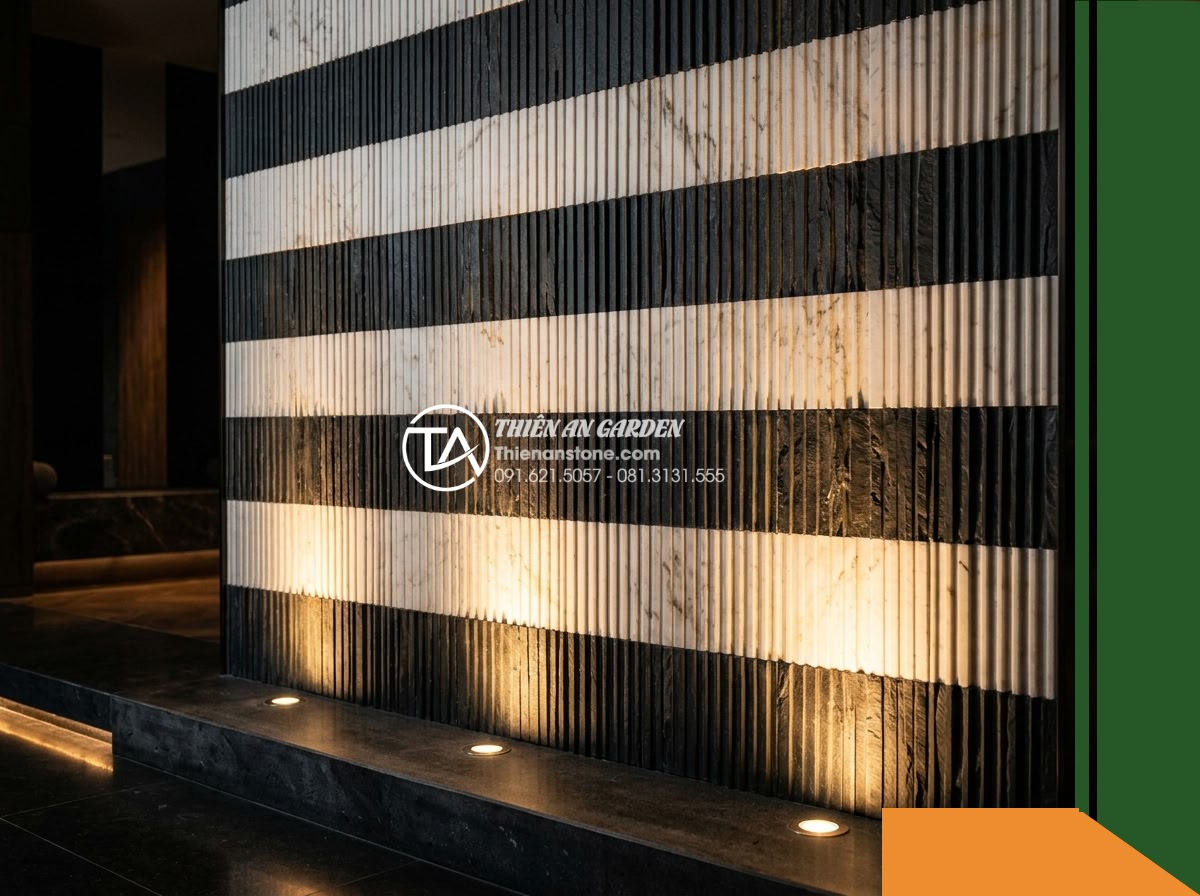 Đá răng lược 2 màu (Trắng – Đen) | Marble Trắng & Slate Đen | 10×50 cm