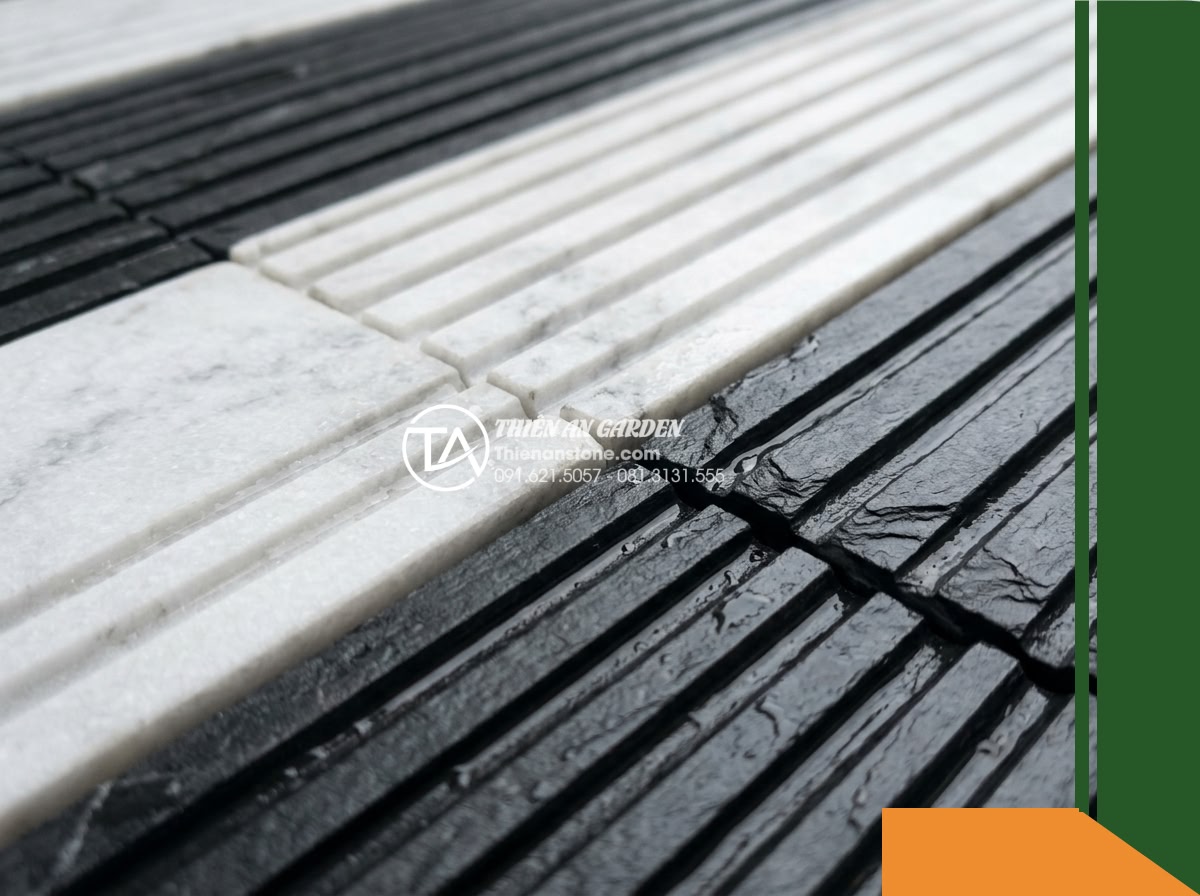 Đá răng lược 2 màu (Trắng – Đen) | Marble Trắng & Slate Đen | 10×50 cm