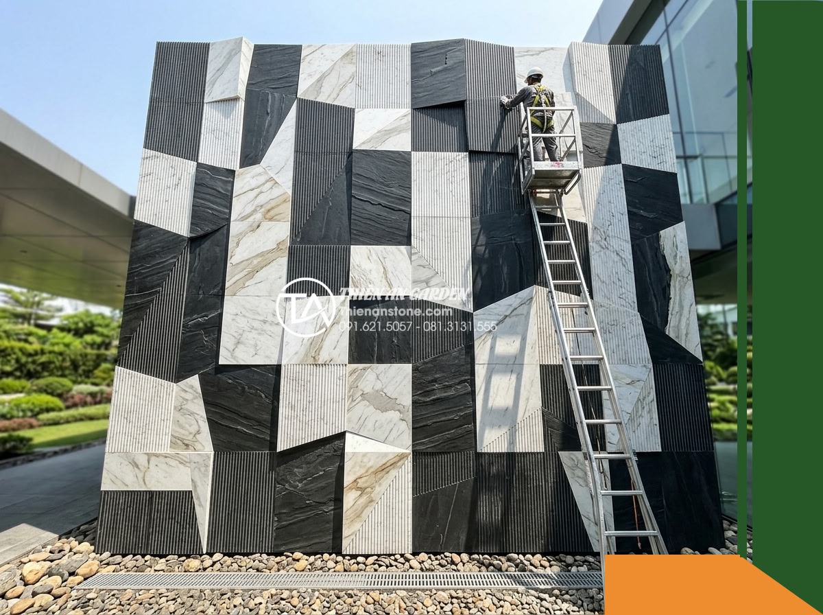 Đá răng lược 2 màu (Trắng – Đen) | Marble Trắng & Slate Đen | 10×50 cm