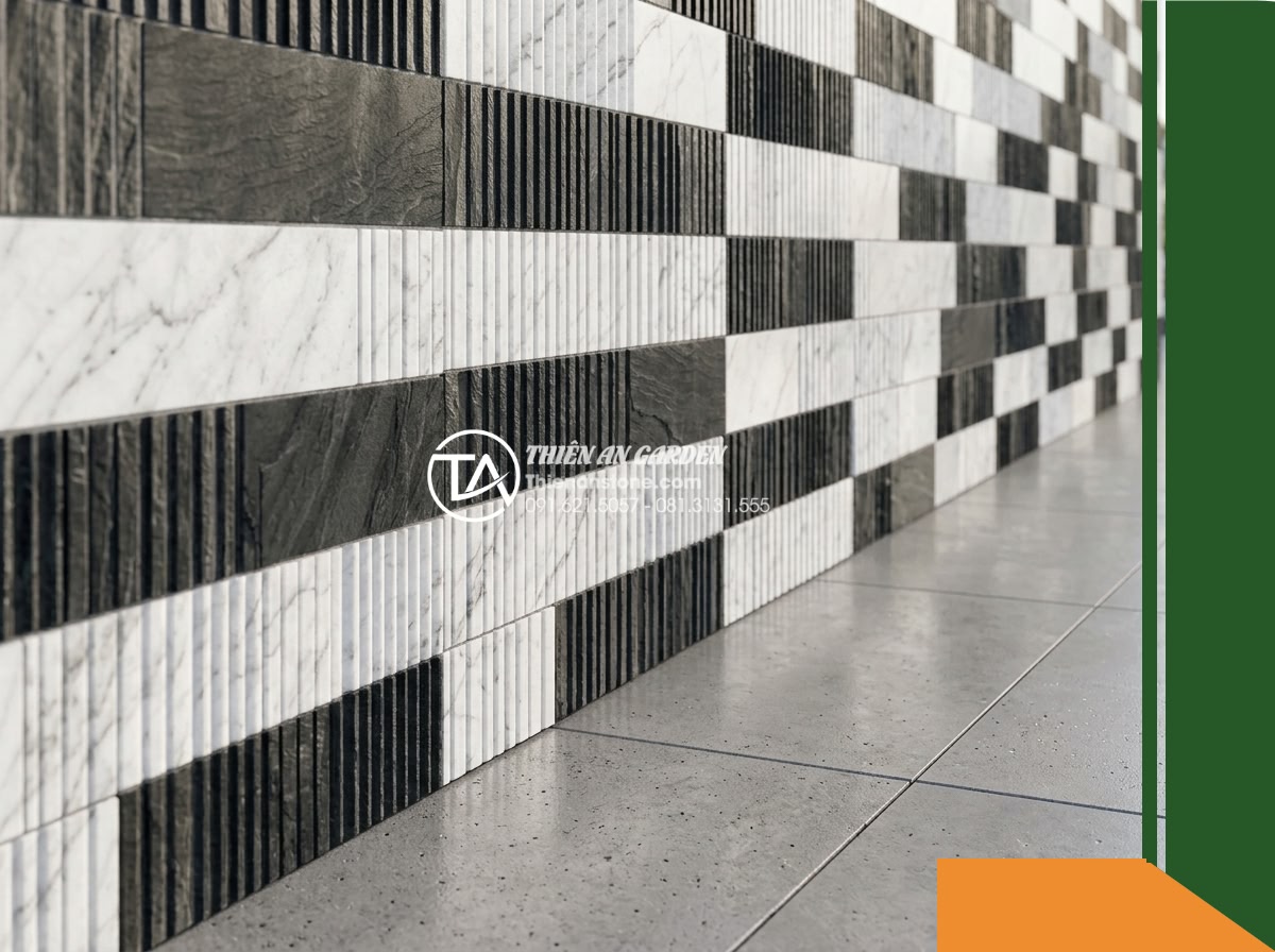 Đá răng lược 2 màu (Trắng – Đen) | Marble Trắng & Slate Đen | 10×50 cm