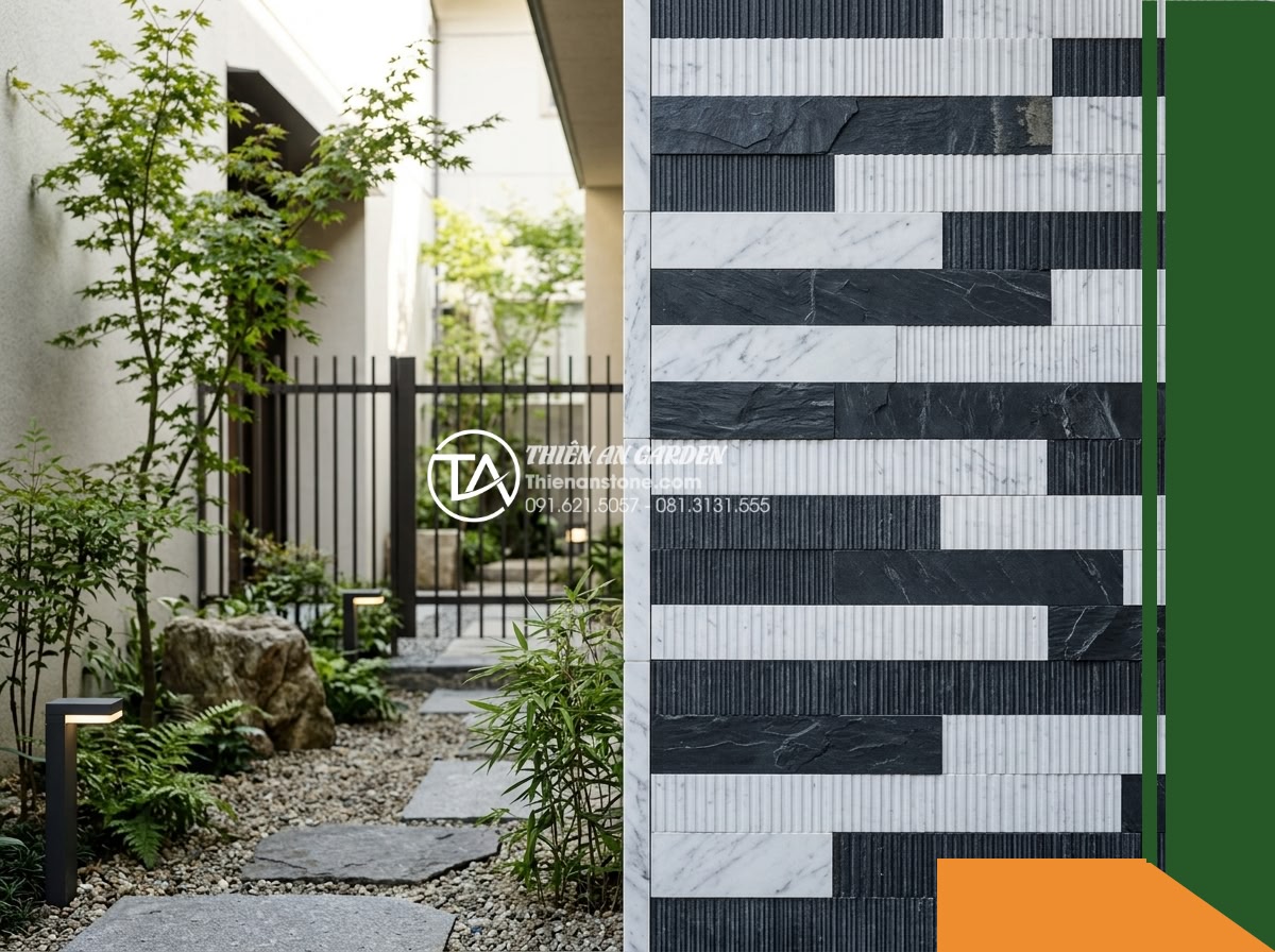 Đá răng lược 2 màu (Trắng – Đen) | Marble Trắng & Slate Đen | 10×50 cm