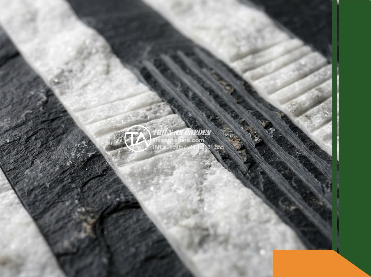 Đá răng lược 2 màu (Trắng – Đen) | Marble Trắng & Slate Đen | 10×50 cm