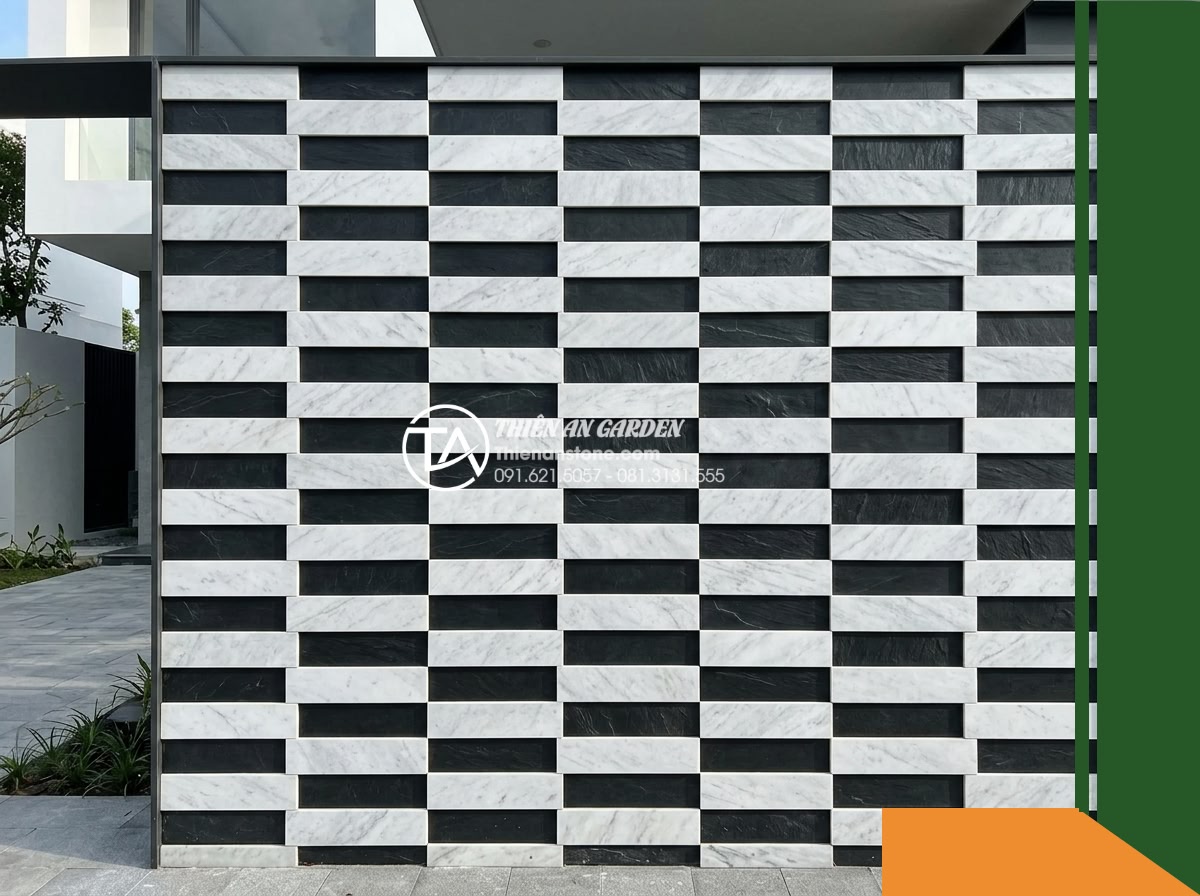 Đá răng lược 2 màu (Trắng – Đen) | Marble Trắng & Slate Đen | 10×50 cm