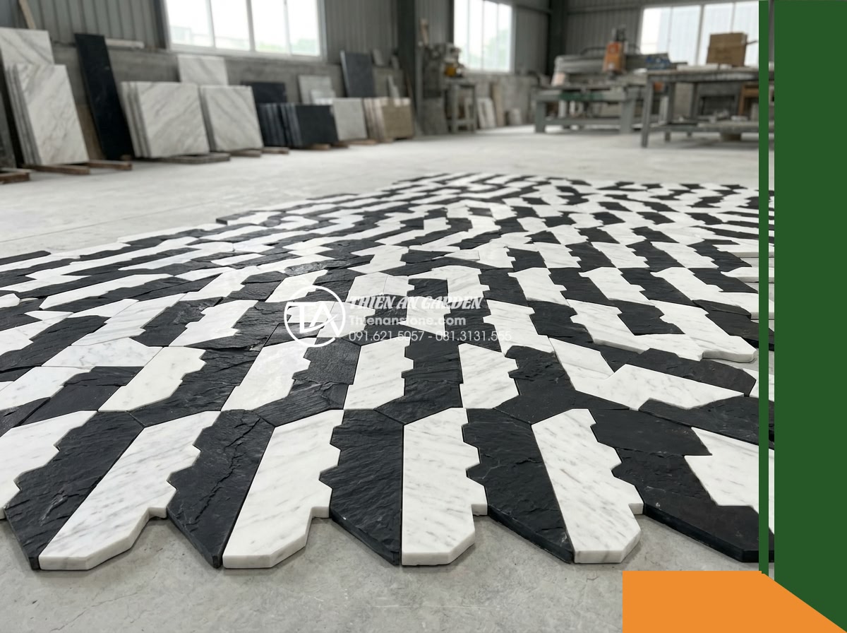 Đá răng lược 2 màu (Trắng – Đen) | Marble Trắng & Slate Đen | 10×50 cm