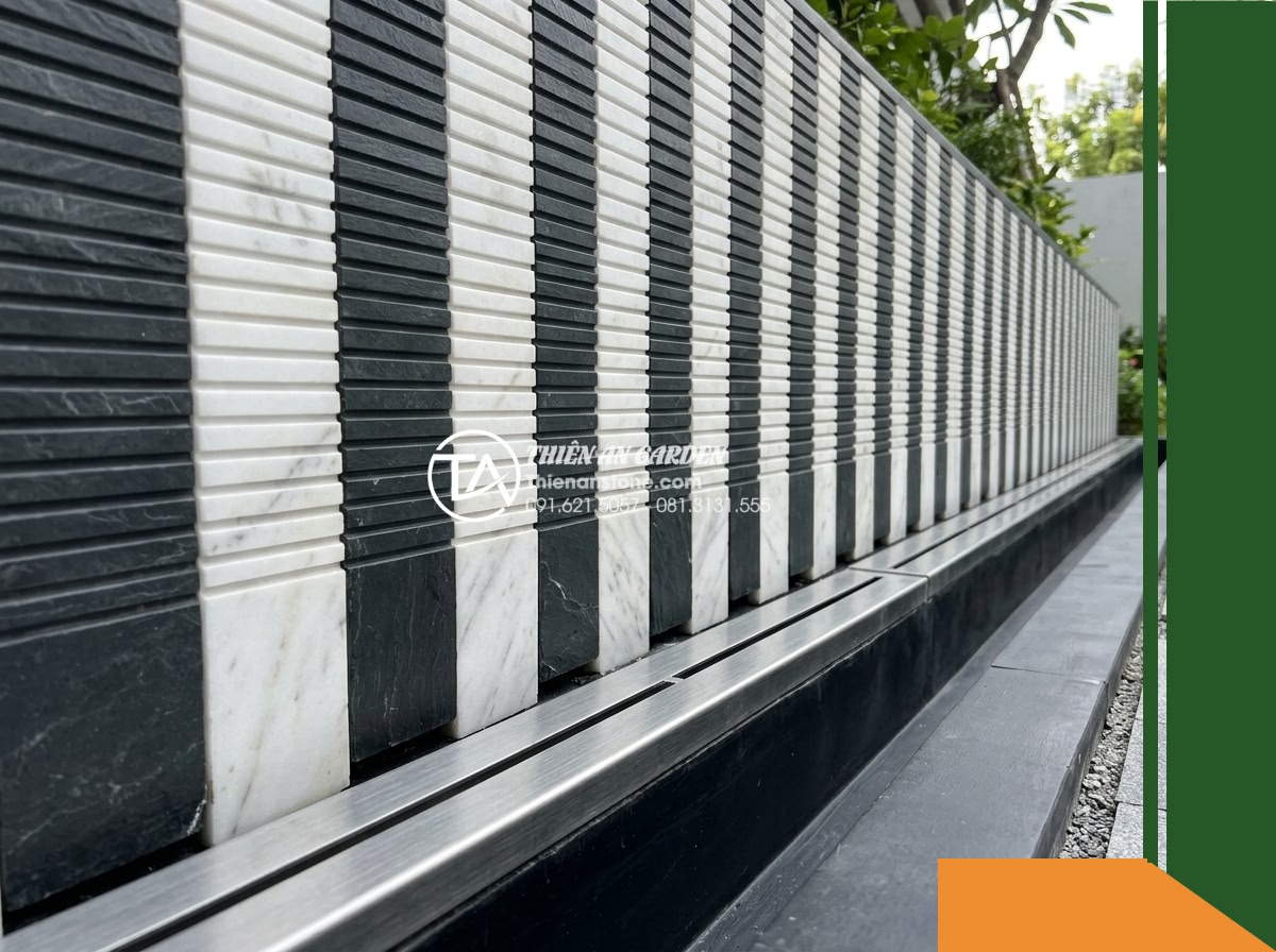 Đá răng lược 2 màu (Trắng – Đen) | Marble Trắng & Slate Đen | 10×50 cm