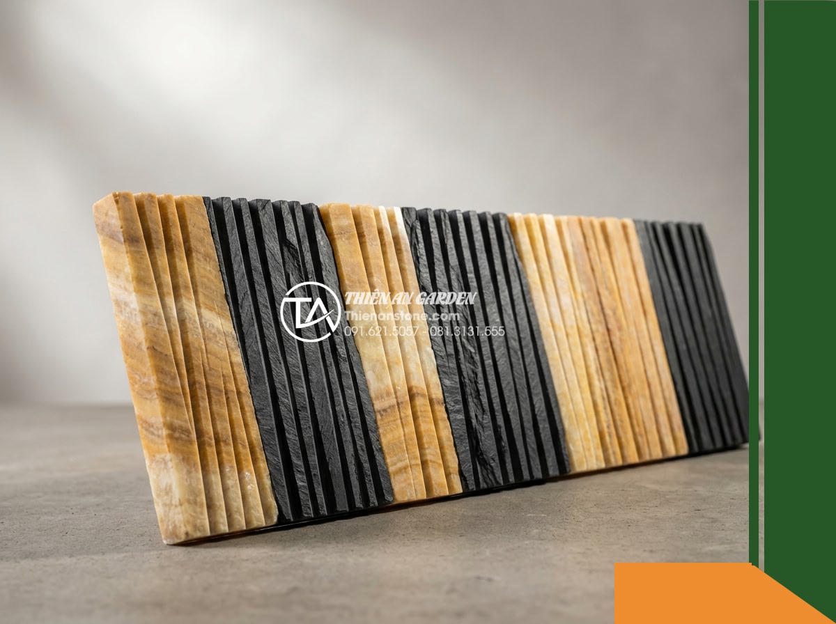 Đá răng lược 2 màu (Vàng - Đen) | Marble Vàng & Slate Đen | 10x50 cm - Hình 11 Đá răng lược 2 màu (Vàng - Đen) | Marble Vàng & Slate Đen | 10x50 cm - Standalone studio quality photograph of a 10x50 cm yellow marble and black slate