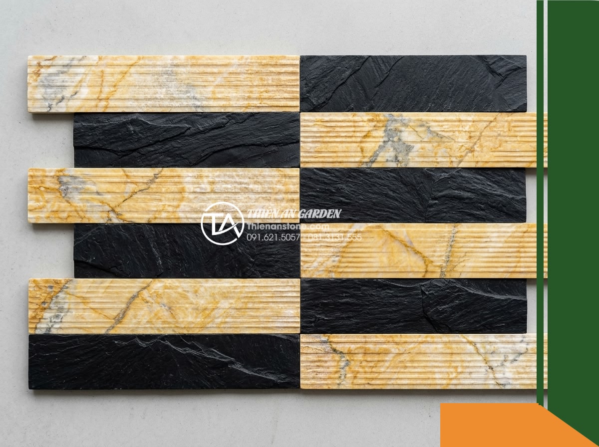 Đá răng lược 2 màu (Vàng - Đen) | Marble Vàng & Slate Đen | 10x50 cm - Hình 17 Đá răng lược 2 màu (Vàng - Đen) | Marble Vàng & Slate Đen | 10x50 cm - Direct frontal layout shot of sample comb stone pieces laid against a neutral ba