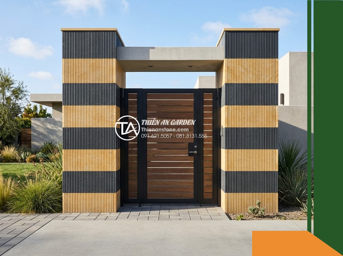 Đá răng lược 2 màu (Vàng - Đen) | Marble Vàng & Slate Đen | 10x50 cm - Hình 19 Đá răng lược 2 màu (Vàng - Đen) | Marble Vàng & Slate Đen | 10x50 cm - Overall architectural elevation capturing a finished modern residence entrance g