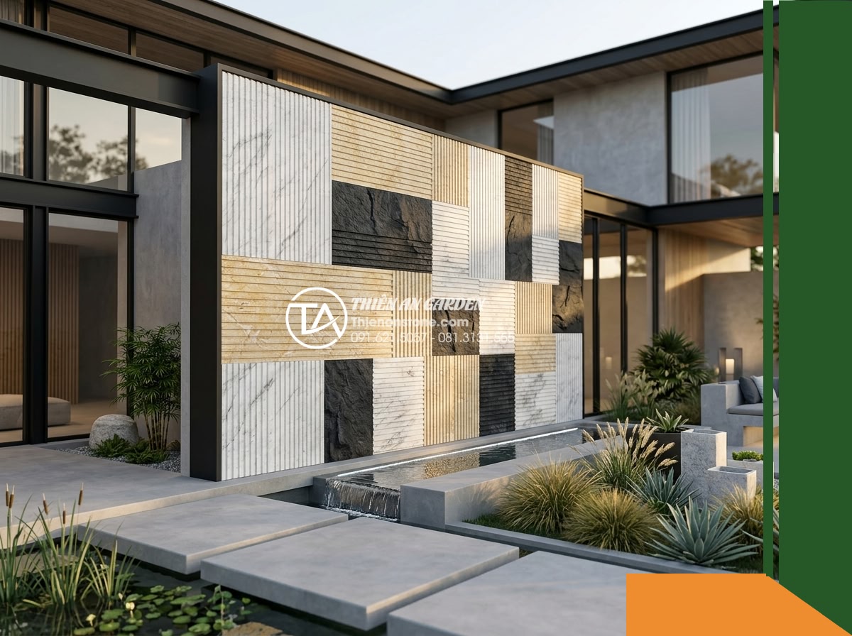 Đá răng lược 3 màu (Trắng - Vàng - Đen) | Marble & Slate phối kết hợp | 10x50 cm - Hình 18 Đá răng lược 3 màu (Trắng - Vàng - Đen) | Marble & Slate phối kết hợp | 10x50 cm - A complete architectural view of the stone feature wall integrated seamlessly in