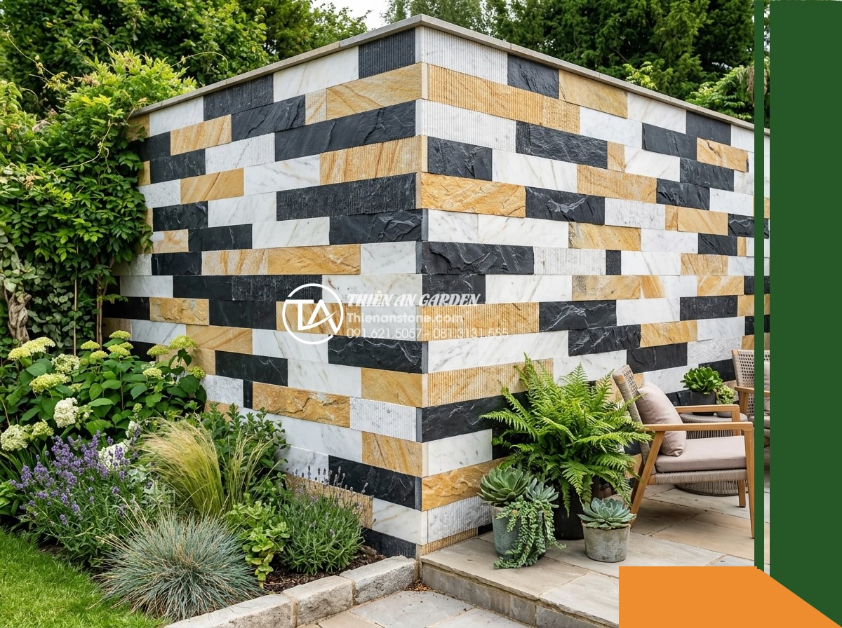 Đá răng lược 3 màu (Trắng - Vàng - Đen) | Marble & Slate phối kết hợp | 10x50 cm - Hình 20 Đá răng lược 3 màu (Trắng - Vàng - Đen) | Marble & Slate phối kết hợp | 10x50 cm - A final architectural eye-level photograph focusing on the corner of the complet