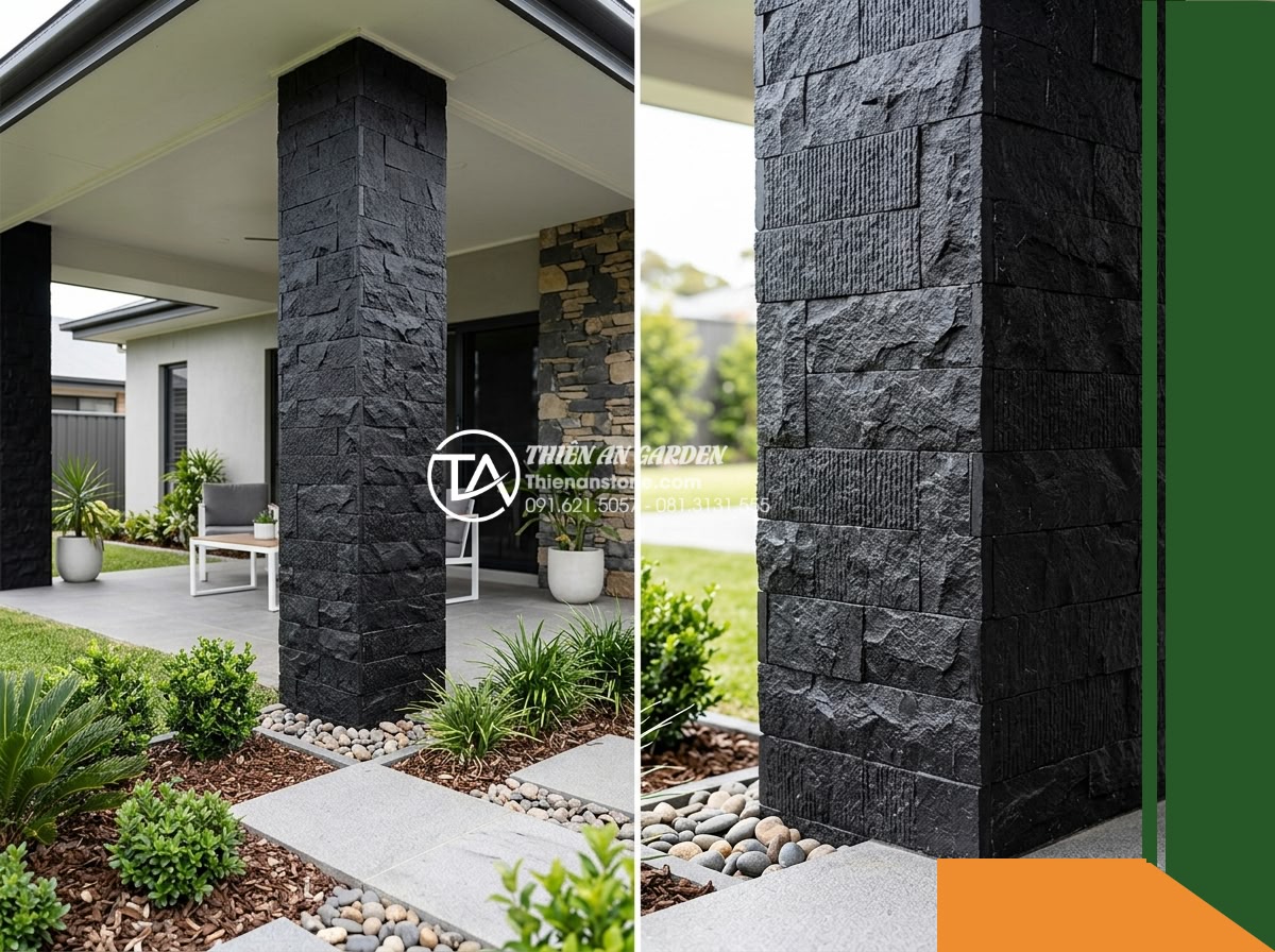 Đá răng lược đen chẻ tay Quảng Ngãi | Bazan đen Quảng Ngãi | 10×40 cm