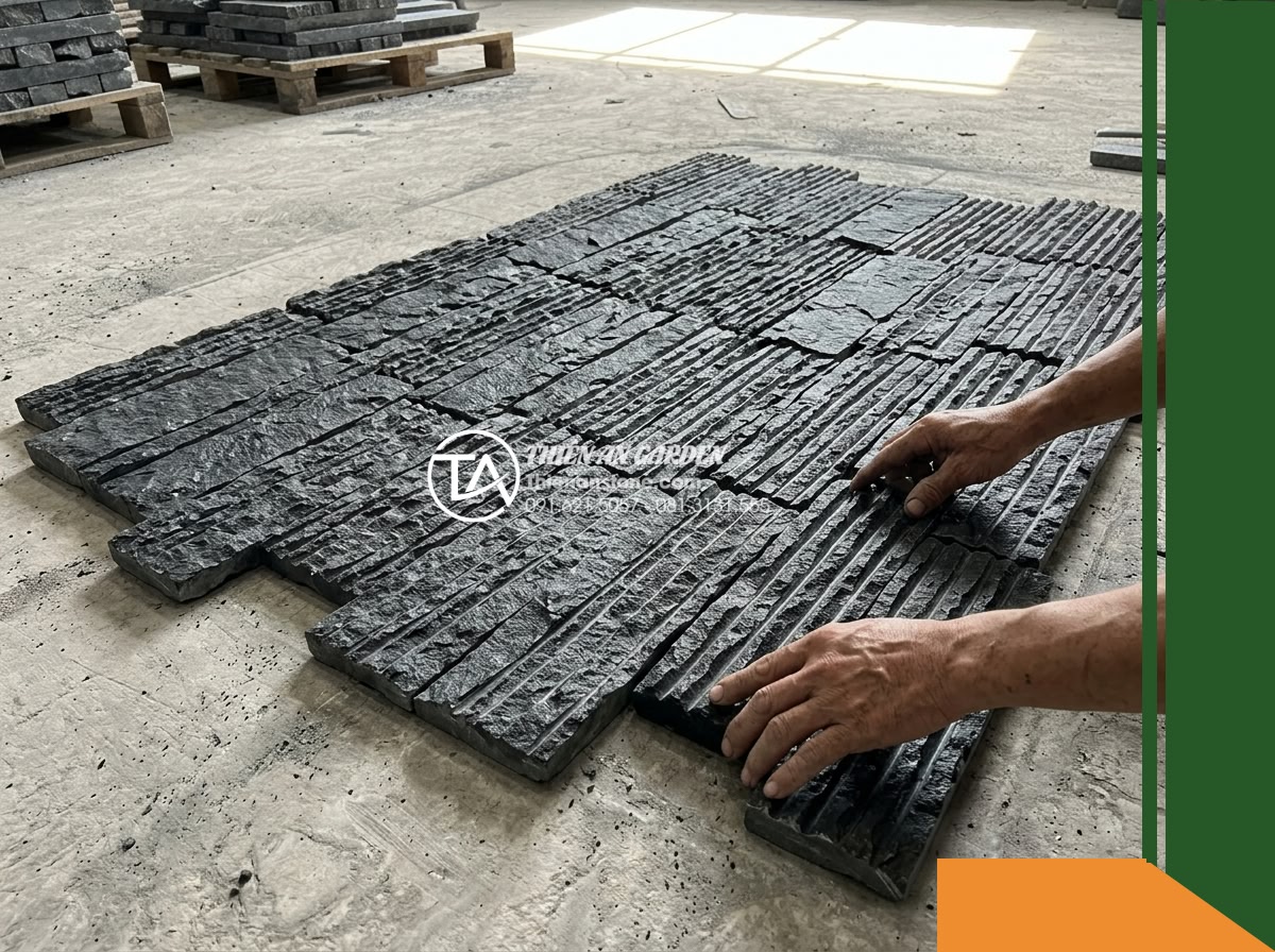 Đá răng lược đen chẻ tay Quảng Ngãi | Bazan đen Quảng Ngãi | 10×40 cm
