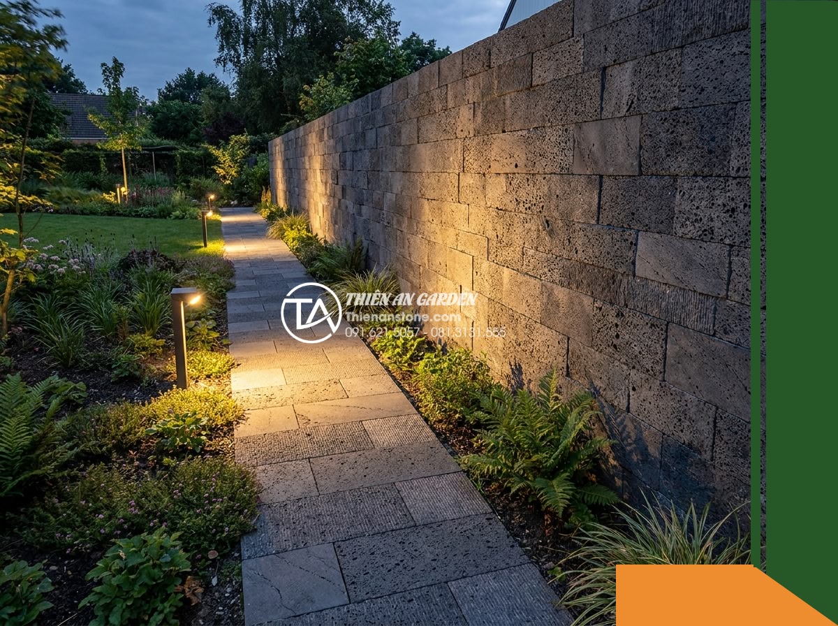 Đá răng lược đen tổ ong Đồng Nai | Bazan lỗ Đồng Nai | 10x50 cm - Hình 20 Đá răng lược đen tổ ong Đồng Nai | Bazan lỗ Đồng Nai | 10x50 cm - Final atmospheric wide shot of a completed garden pathway flanked by a textured