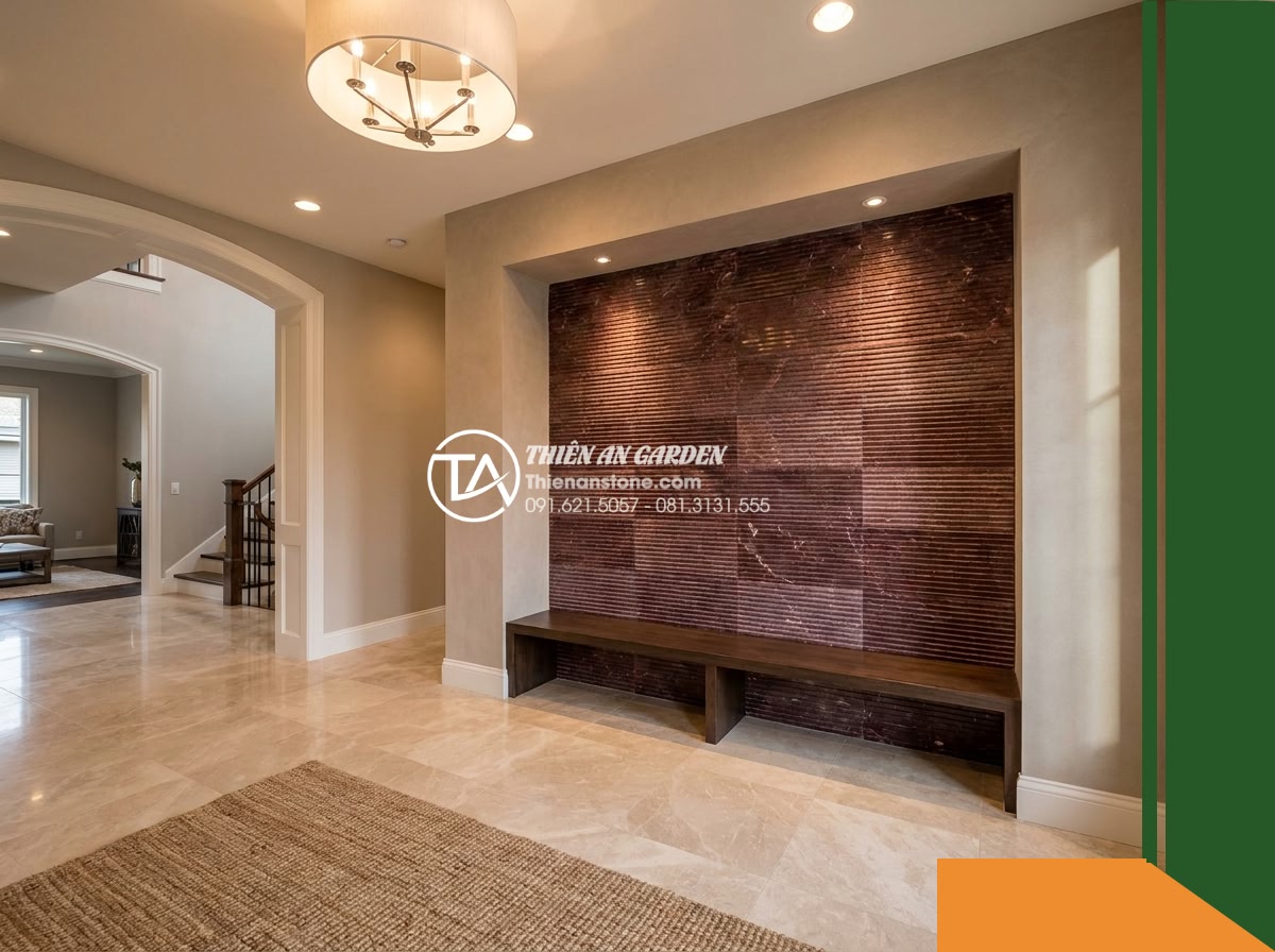 Đá răng lược đỏ mận Nghệ An | Marble đỏ mận Nghệ An | 10x50 cm - Hình 19 Đá răng lược đỏ mận Nghệ An | Marble đỏ mận Nghệ An | 10x50 cm - An expansive interior photography perspective showcasing the entire entryway foy