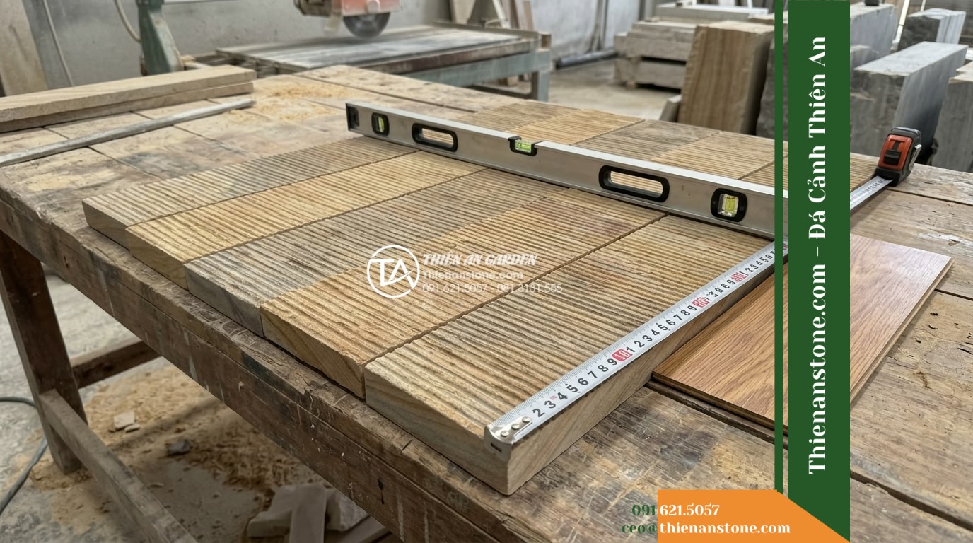 Đá răng lược sa thạch Quảng Nam | Sa thạch Quảng Nam | 10x50 cm - Hình 17 Đá răng lược sa thạch Quảng Nam | Sa thạch Quảng Nam | 10x50 cm - Clean technical shot displaying standard 10x50 cm grooved sandstone slabs laid o