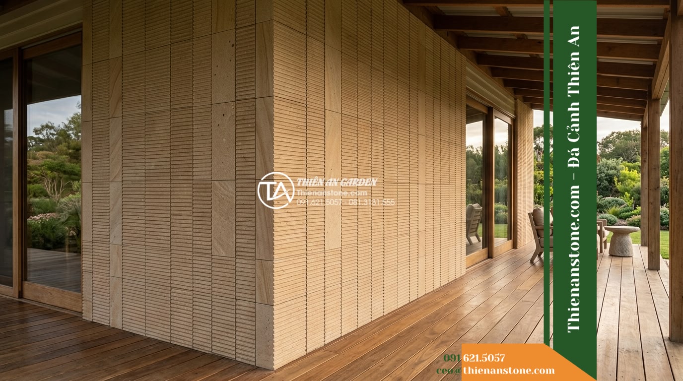 Đá răng lược sa thạch Quảng Nam | Sa thạch Quảng Nam | 10x50 cm - Hình 18 Đá răng lược sa thạch Quảng Nam | Sa thạch Quảng Nam | 10x50 cm - Full perspective of an elegant outdoor covered porch setting, highlighting the c