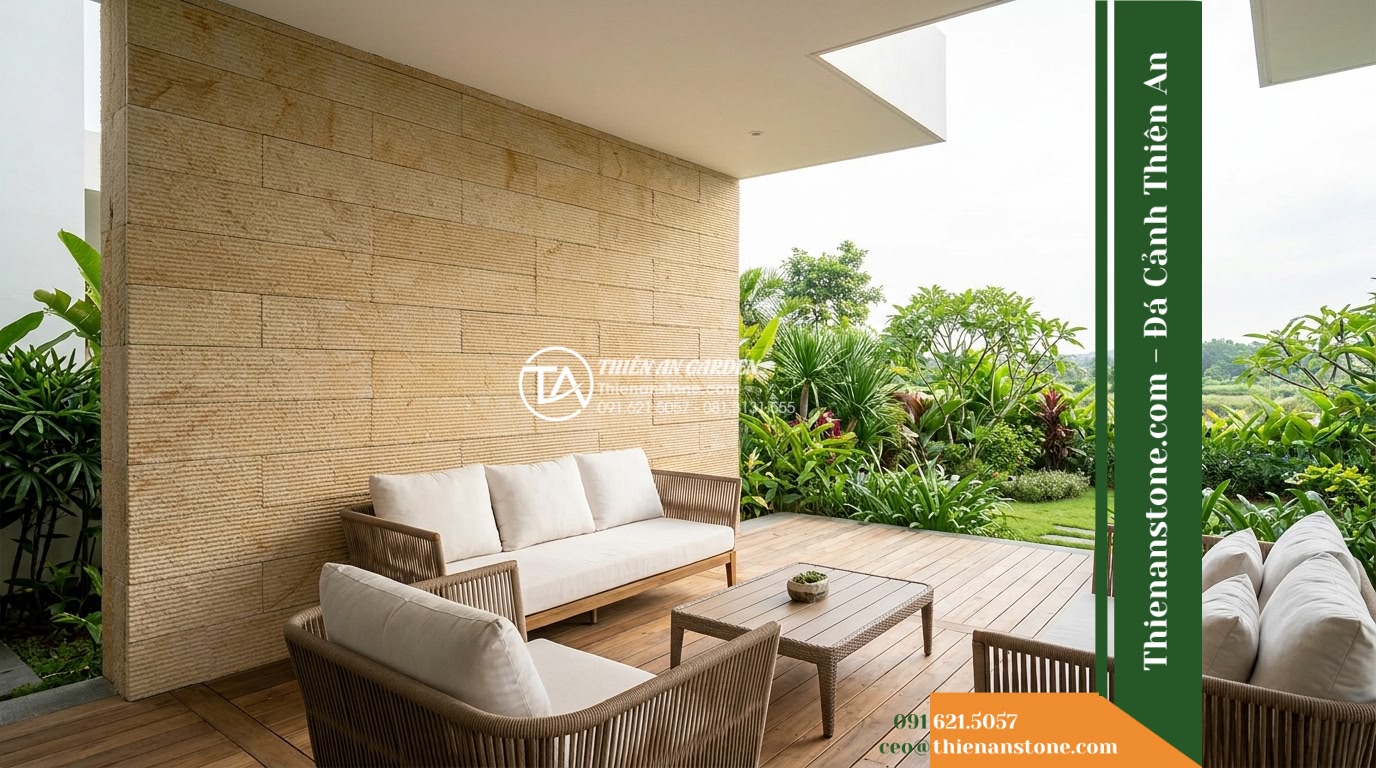 Đá răng lược sa thạch Quảng Nam | Sa thạch Quảng Nam | 10x50 cm - Hình 19 Đá răng lược sa thạch Quảng Nam | Sa thạch Quảng Nam | 10x50 cm - Architectural overview photograph showing the completed installation of the 10x5
