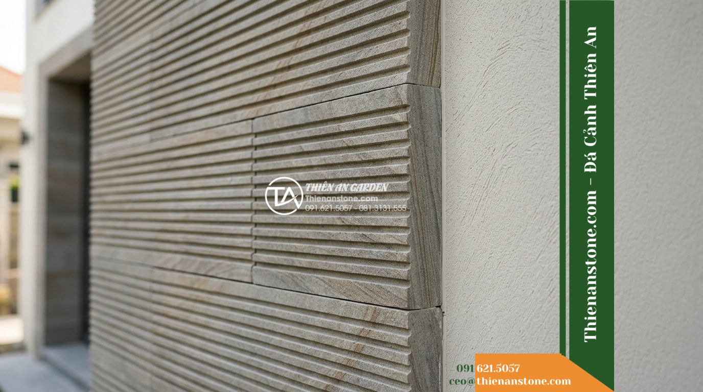 Đá răng lược sa thạch Quảng Nam | Sa thạch Quảng Nam | 10x50 cm - Hình 6 Đá răng lược sa thạch Quảng Nam | Sa thạch Quảng Nam | 10x50 cm - Close-up architectural detail shot of the outer terminal vertical edge of a 10x5