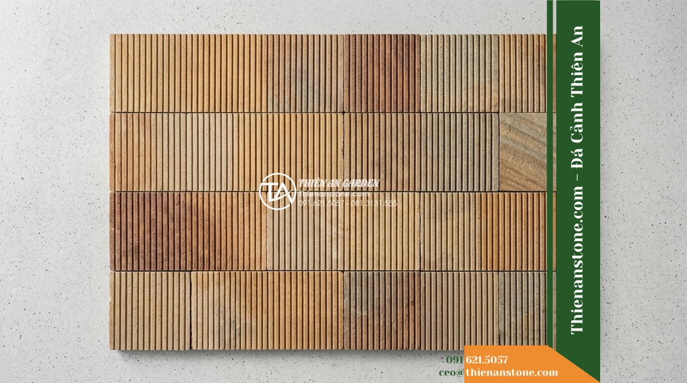 Đá răng lược sa thạch Quảng Nam | Sa thạch Quảng Nam | 10x50 cm - Hình 7 Đá răng lược sa thạch Quảng Nam | Sa thạch Quảng Nam | 10x50 cm - Top-down flat lay view of a small test layout showing several 10x50 cm comb sand