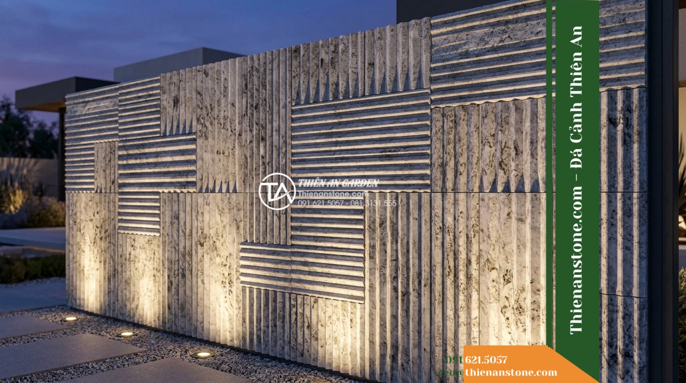Đá răng lược sọc dưa Hà Tĩnh | Marble sọc dưa Hà Tĩnh | 10x50 cm - Hình 14 Đá răng lược sọc dưa Hà Tĩnh | Marble sọc dưa Hà Tĩnh | 10x50 cm - Same exterior wall illuminated at dusk by subtle warm grazing light fixtures fro