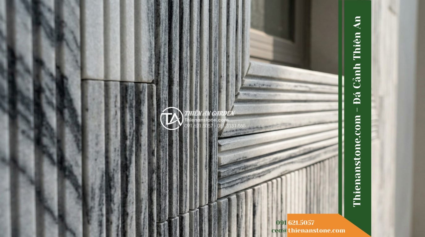 Đá răng lược sọc dưa Hà Tĩnh | Marble sọc dưa Hà Tĩnh | 10x50 cm - Hình 15 Đá răng lược sọc dưa Hà Tĩnh | Marble sọc dưa Hà Tĩnh | 10x50 cm - Extreme close-up of the linear grooves of Ha Tinh combed stone cladding around t