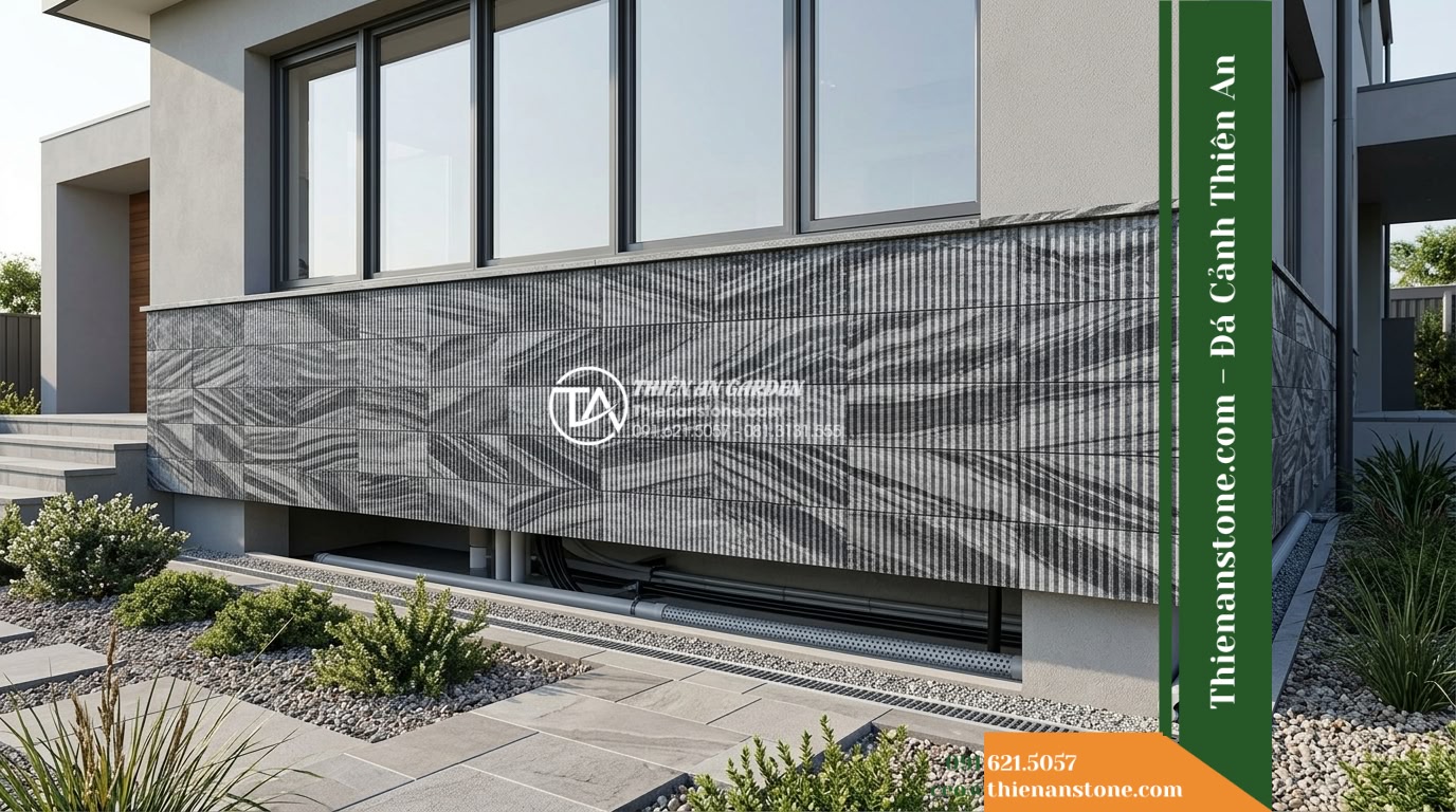 Đá răng lược sọc dưa Hà Tĩnh | Marble sọc dưa Hà Tĩnh | 10x50 cm - Hình 16 Đá răng lược sọc dưa Hà Tĩnh | Marble sọc dưa Hà Tĩnh | 10x50 cm - Wide eye-level perspective of the lower wall and foundation skirt under the hori