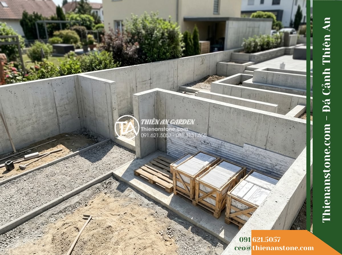 Đá răng lược trắng Nghệ An | Marble trắng Nghệ An | 10x50 cm - Hình 10 Đá răng lược trắng Nghệ An | Marble trắng Nghệ An | 10x50 cm - Wide architectural shot of a backyard planter retaining wall structure, displayi