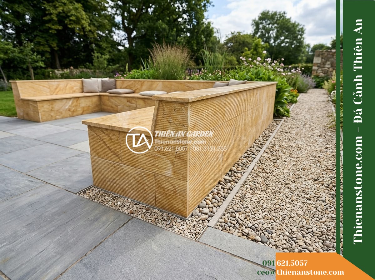Đá răng lược vàng Nghệ An | Marble vàng Nghệ An | 10x50 cm - Hình 16 Đá răng lược vàng Nghệ An | Marble vàng Nghệ An | 10x50 cm - A wide shot focusing on the maintenance access path around the outdoor seating b