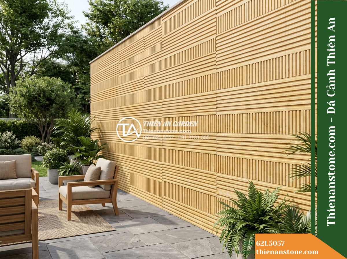 Đá răng lược vàng Nghệ An | Marble vàng Nghệ An | 10x50 cm - Hình 19 Đá răng lược vàng Nghệ An | Marble vàng Nghệ An | 10x50 cm - A full architectural perspective showing the proposed yellow comb-cut marble wal