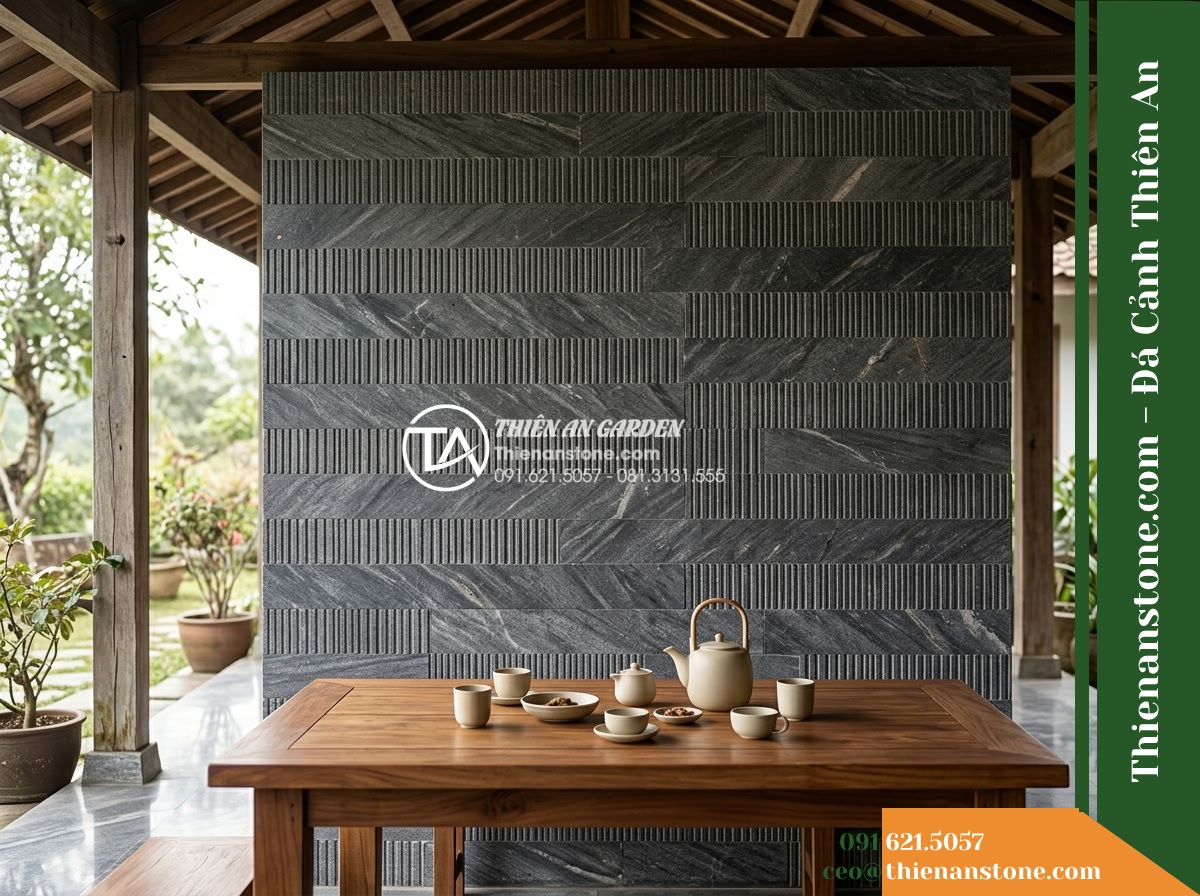 Đá răng lược xám lông chuột Nghệ An | Marble xám Nghệ An | 10x50 cm - Hình 12 Đá răng lược xám lông chuột Nghệ An | Marble xám Nghệ An | 10x50 cm - An authentic outdoor lifestyle shot of a covered porch featuring the linear gray