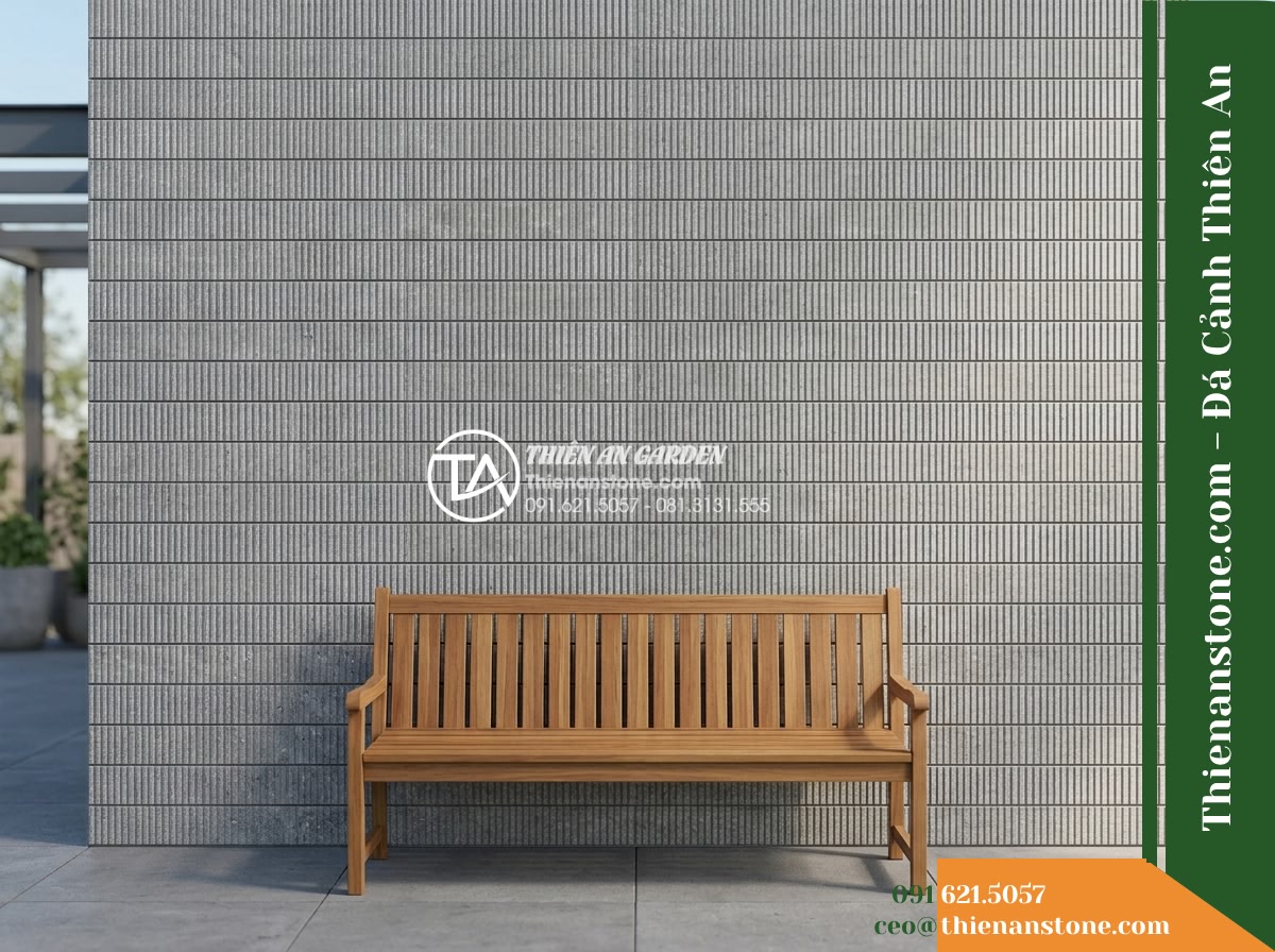 Đá răng lược xám lông chuột Nghệ An | Marble xám Nghệ An | 10x50 cm - Hình 5 Đá răng lược xám lông chuột Nghệ An | Marble xám Nghệ An | 10x50 cm - Direct frontal architectural perspective of a modern outdoor veranda feature wal